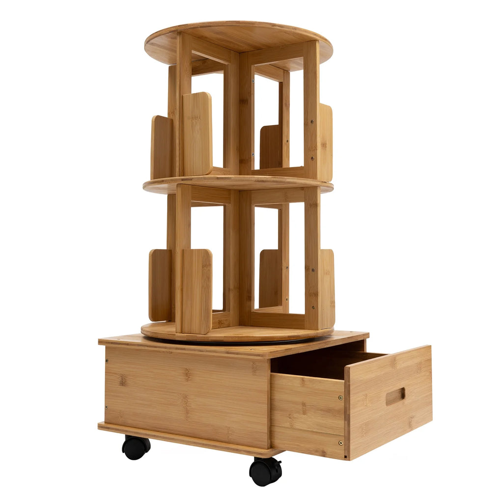 2 Tiers Rotating Bamboo Side Table with Wheels F735727