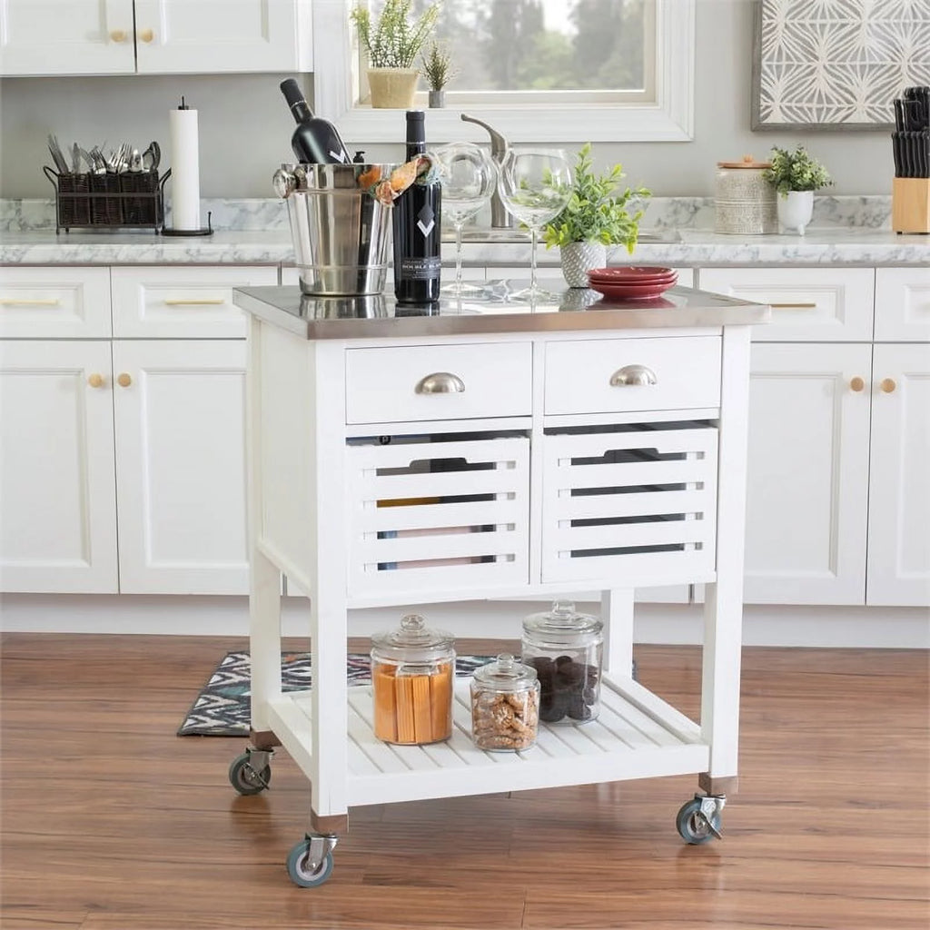 White Wood Stainless Steel Top Kitchen Cart D36766