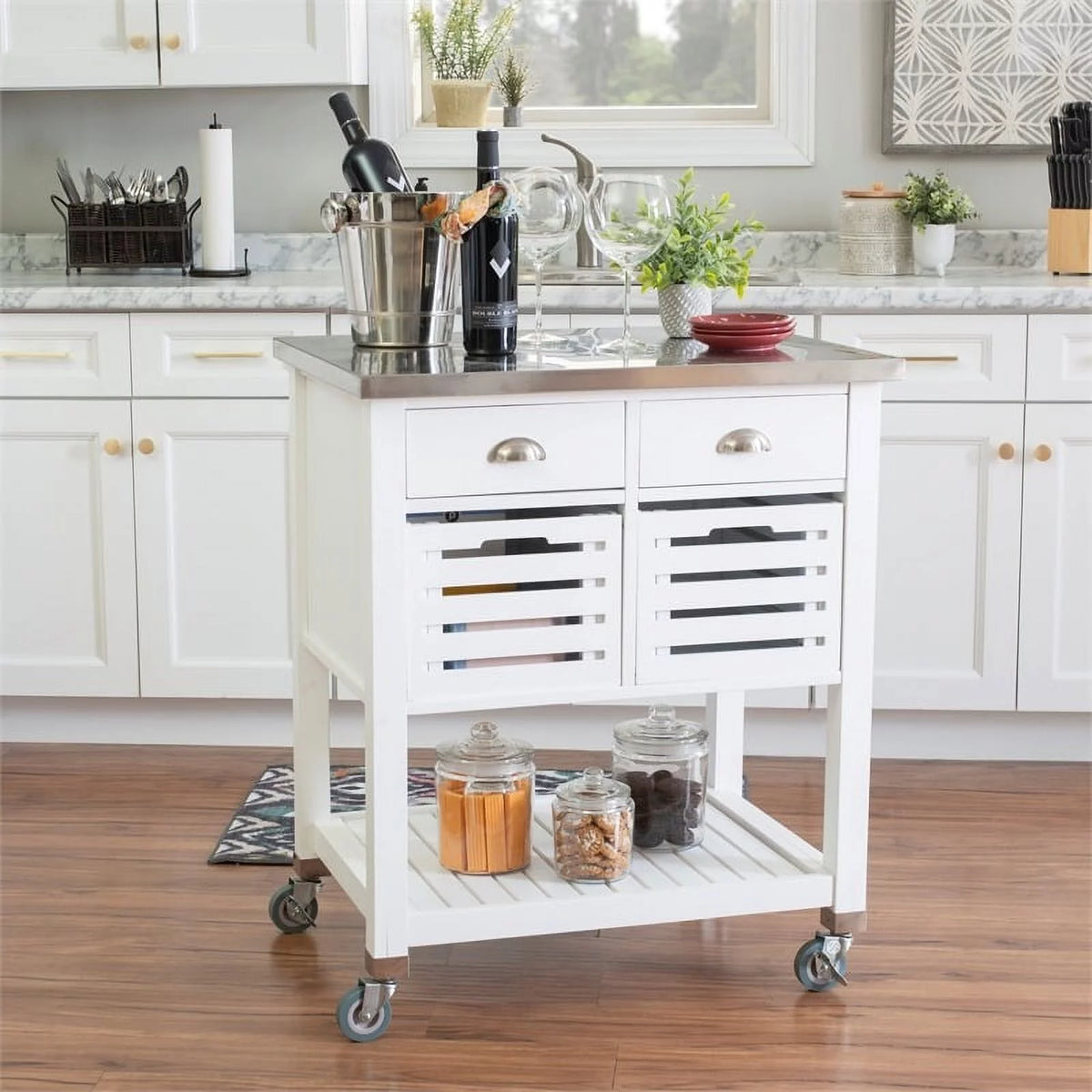 White Wood Stainless Steel Top Kitchen Cart D36766