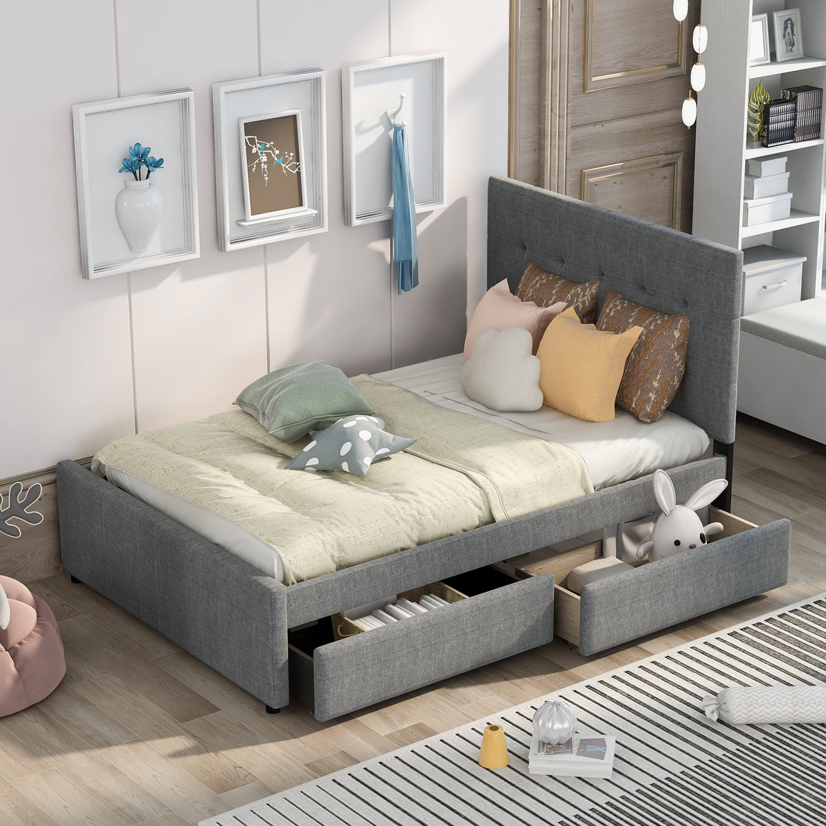 Linen Upholstered Platform Bed with Headboard and Two Drawers X441