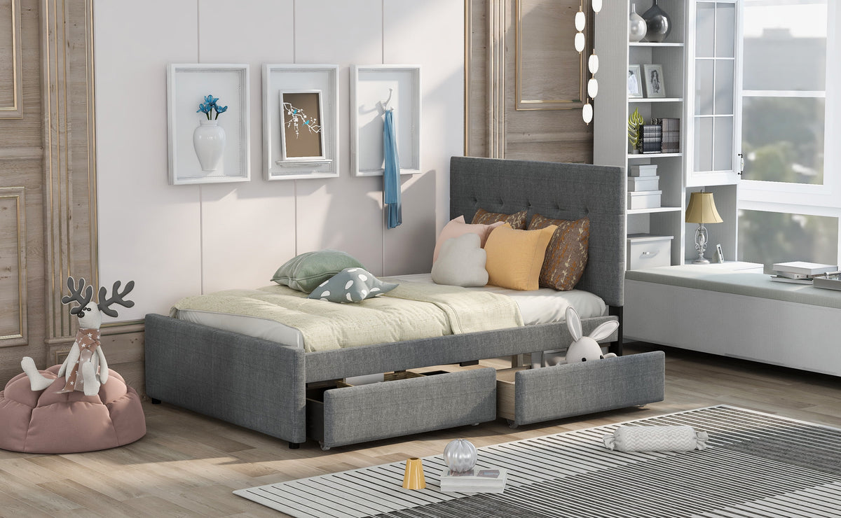 Linen Upholstered Platform Bed with Headboard and Two Drawers X441