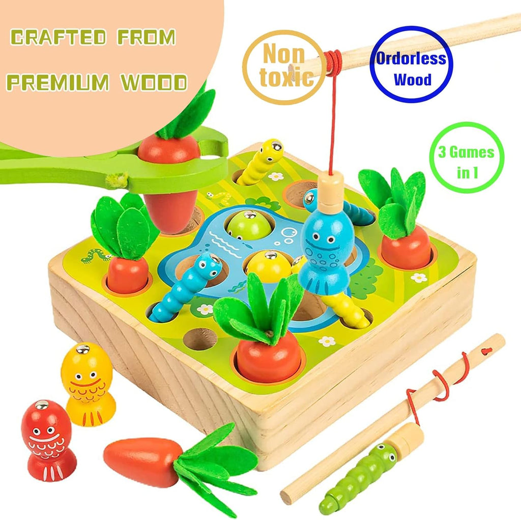 Montessori Wooden Toys Carrot Harvest Magnetic Fishing Game F984081