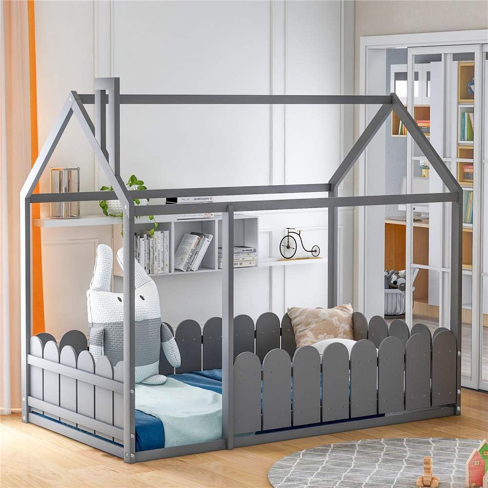 Twin Size Wood House Bed Frame with Fence G158549