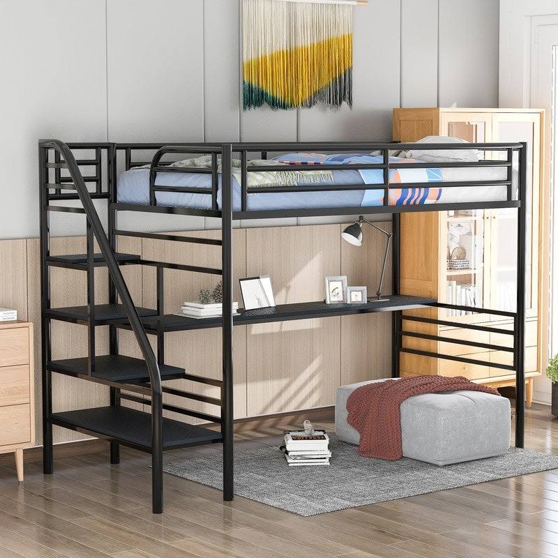 Black Twin Metal Loft Bed Frame with Desk Z479
