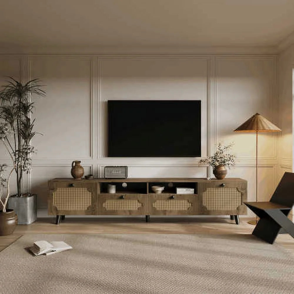 Brown Rattan TV Cabinet with Solid Wood Legs W9706