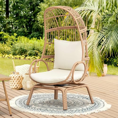 Beige Wicker Egg Chair with Stand & Cushion F9407