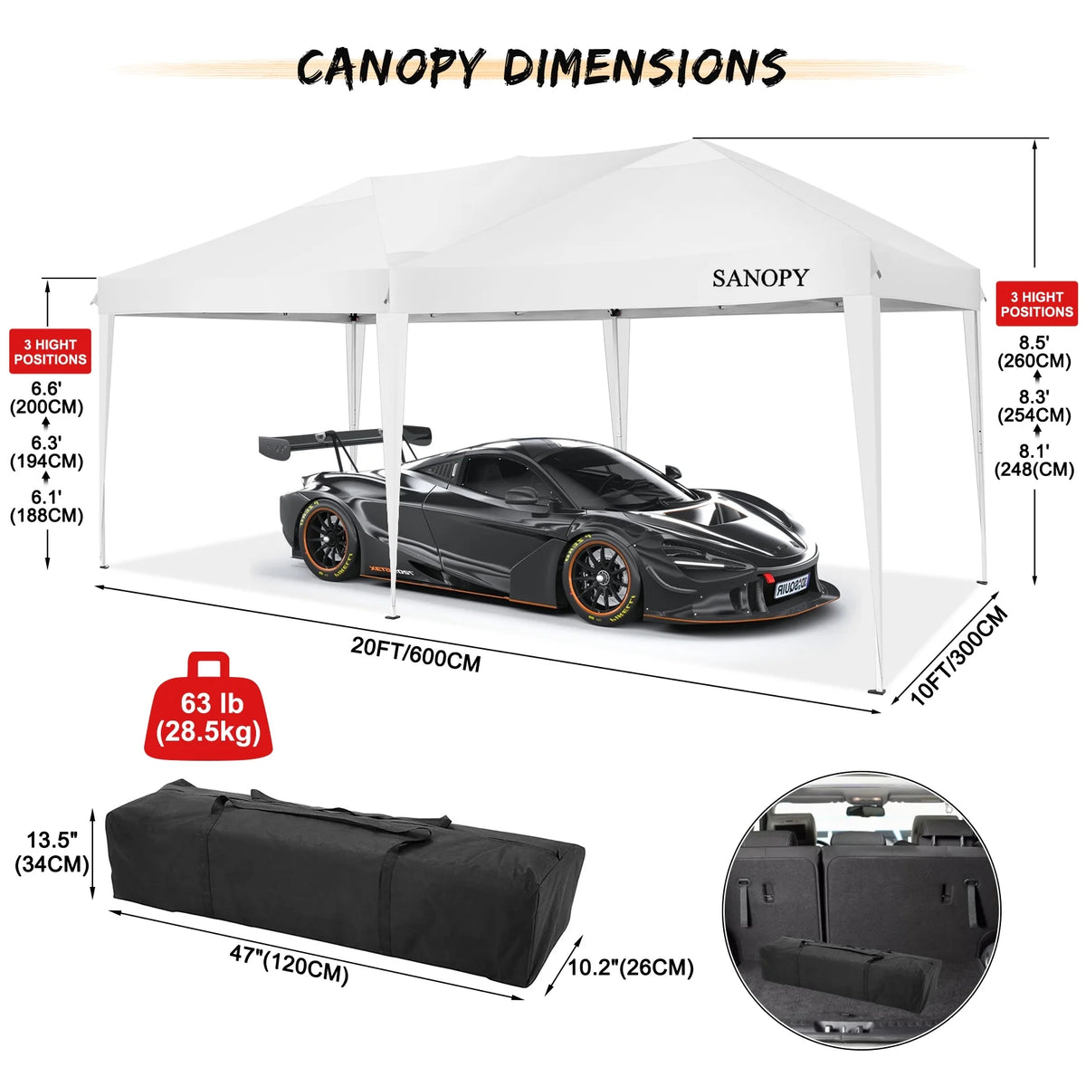 10' x 20' Pop Up Canopy Tent with 6 Removable Sidewalls and Carry Bag, White Y84331