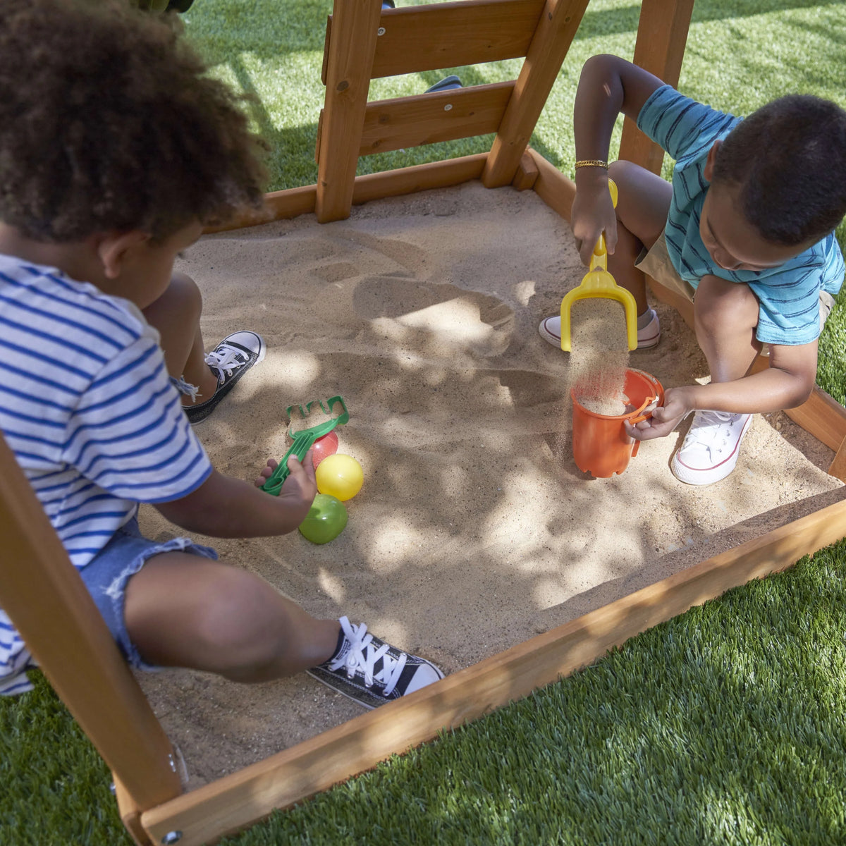 Wooden Outdoor Swing Set with Slide and Rock Wall O79845