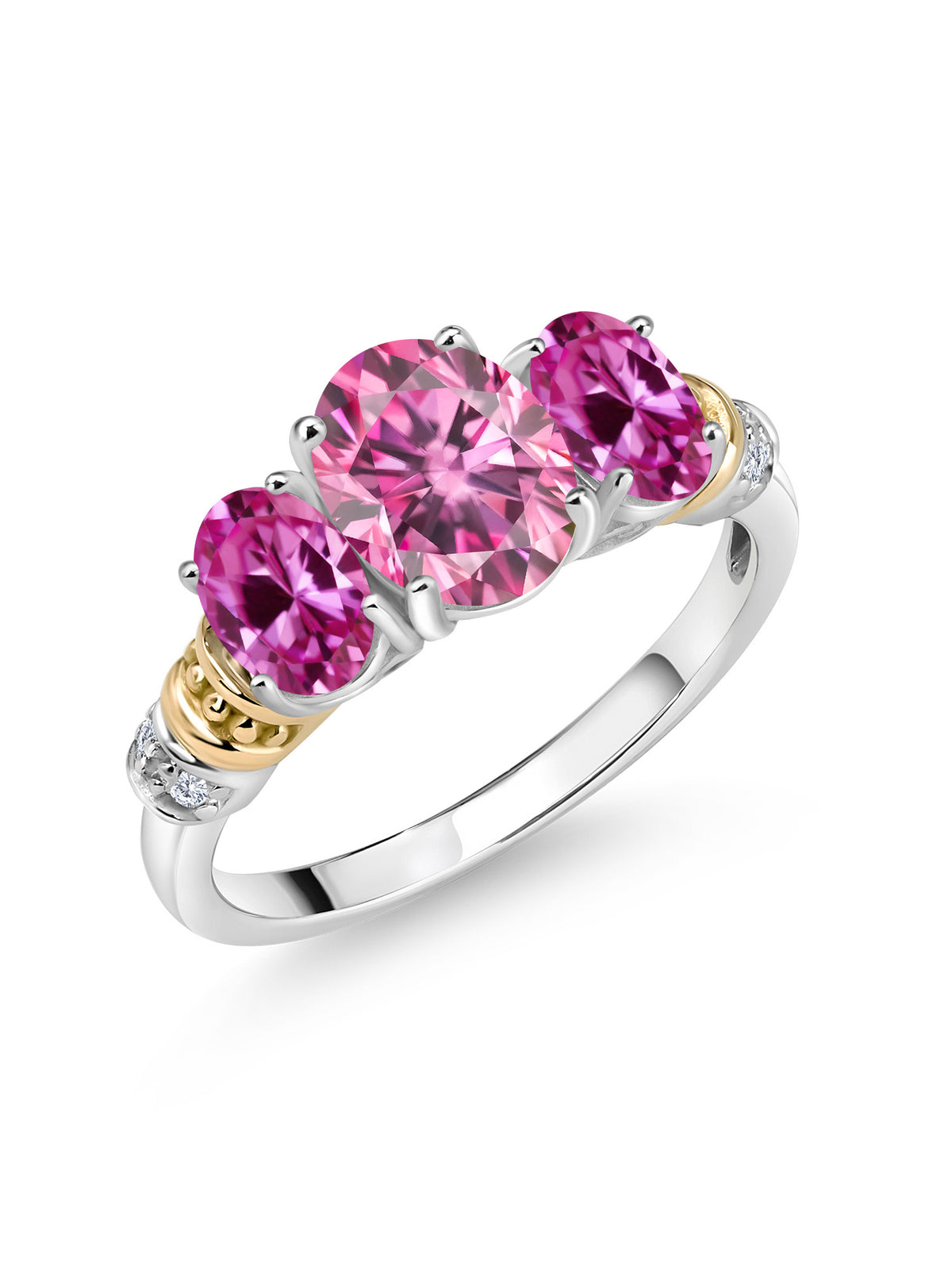 Oval Pink Moissanite and Created Sapphire 3 Stone Ring with White Diamond, 2.41 Cttw P8675