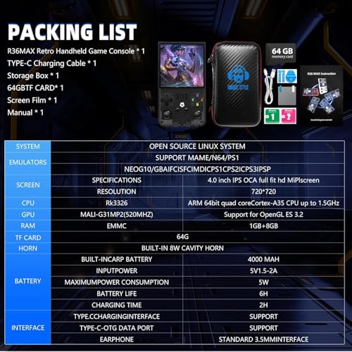 Handheld Game Console 4.0 Inch IPS 64GB TF Card 4000mAh Battery New Black V992