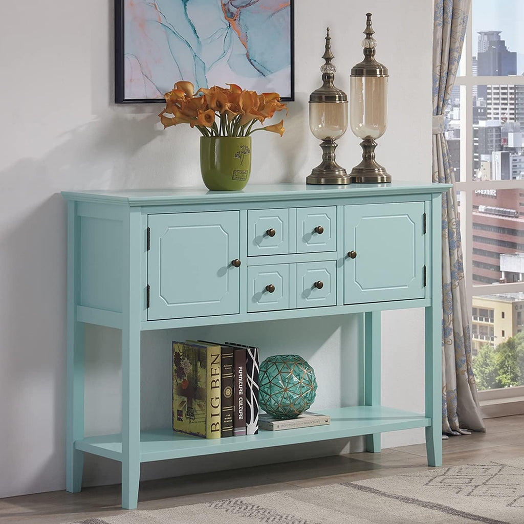 Solid Wood Console Table with 7 Drawers, 1 Cabinet and Shelf, Blue, 45.3x15x33.7 in F140