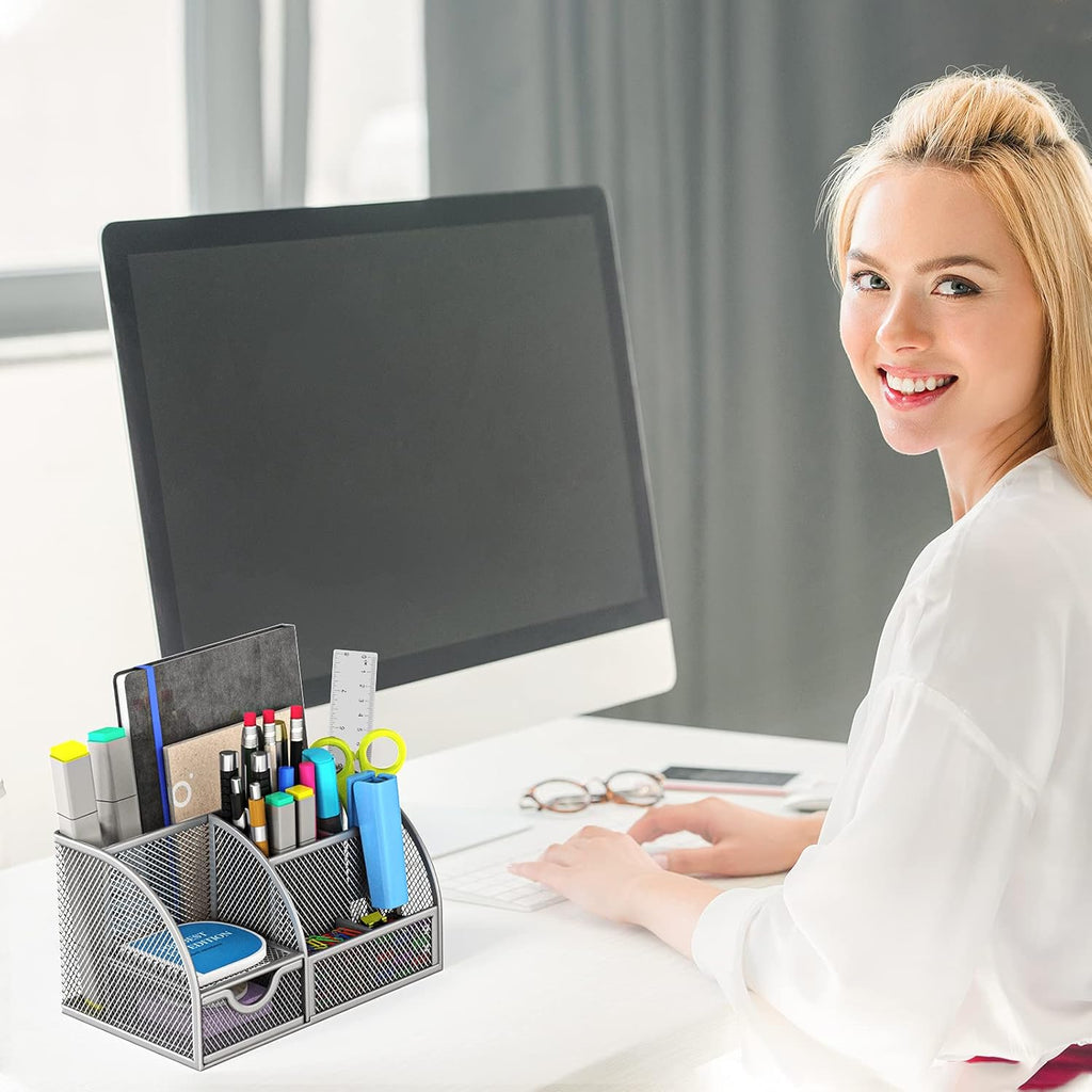 Metal 6 Compartment Desk Organizer with Drawer, Pack of 2 D738579