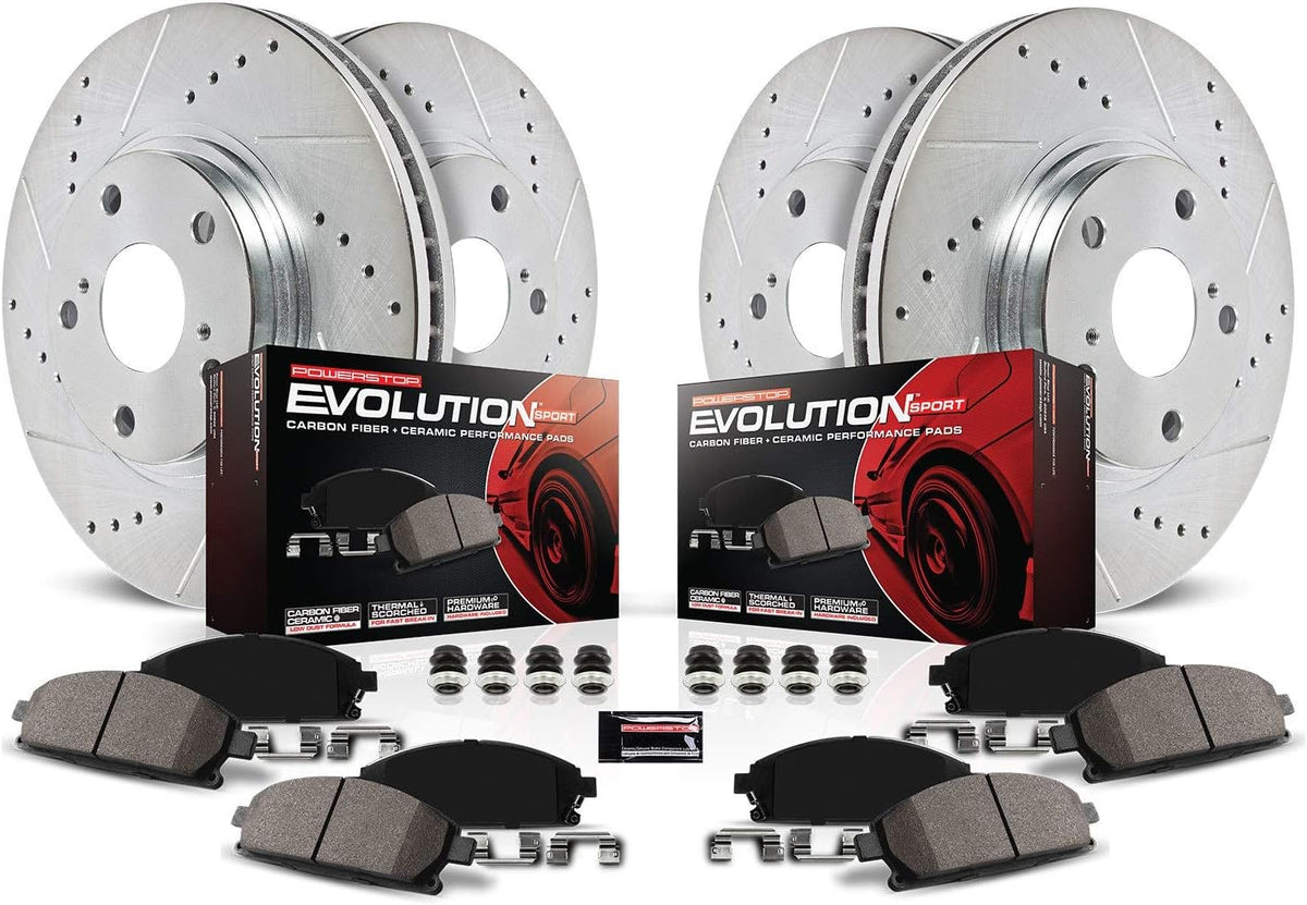 Front and Rear Carbon Fiber Brake Pads with Drilled & Slotted Brake Rotors Kit Z689237