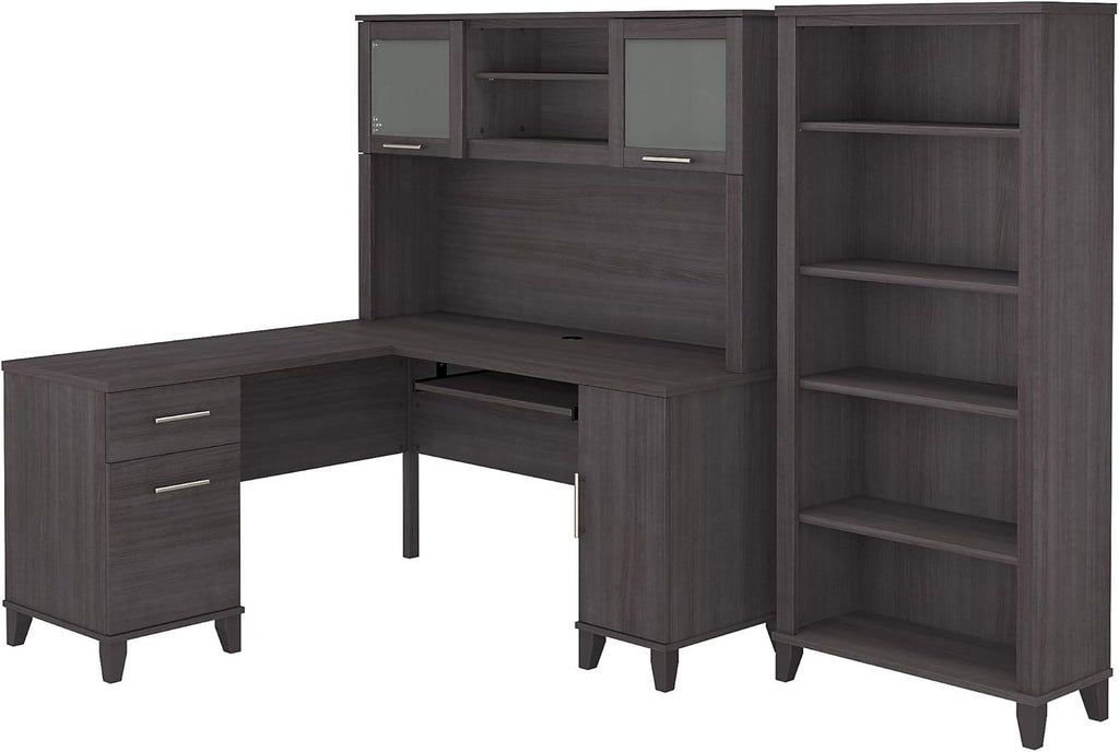 L Shaped Desk with Hutch and 5 Shelf Bookcase B240157