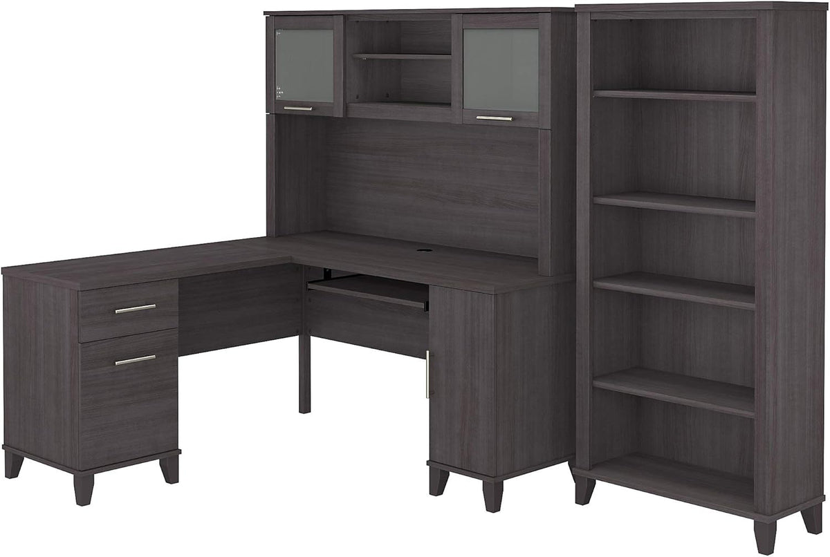 L Shaped Desk with Hutch and 5 Shelf Bookcase B240157