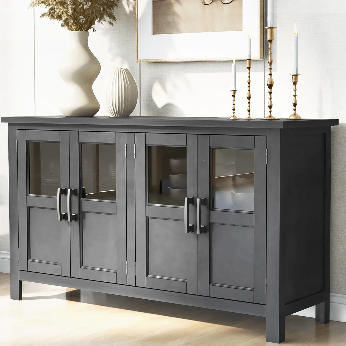 Gray 4 Door Buffet Cabinet with Adjustable Shelves D8249