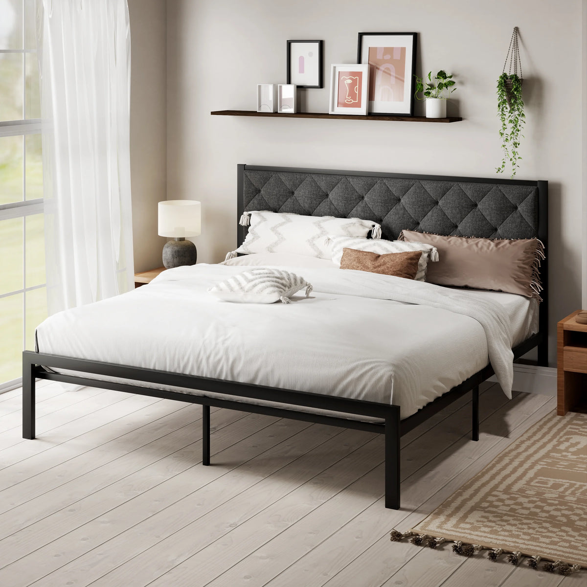 Queen Size Metal Platform Bed Frame with Headboard & Underbed Storage N99763