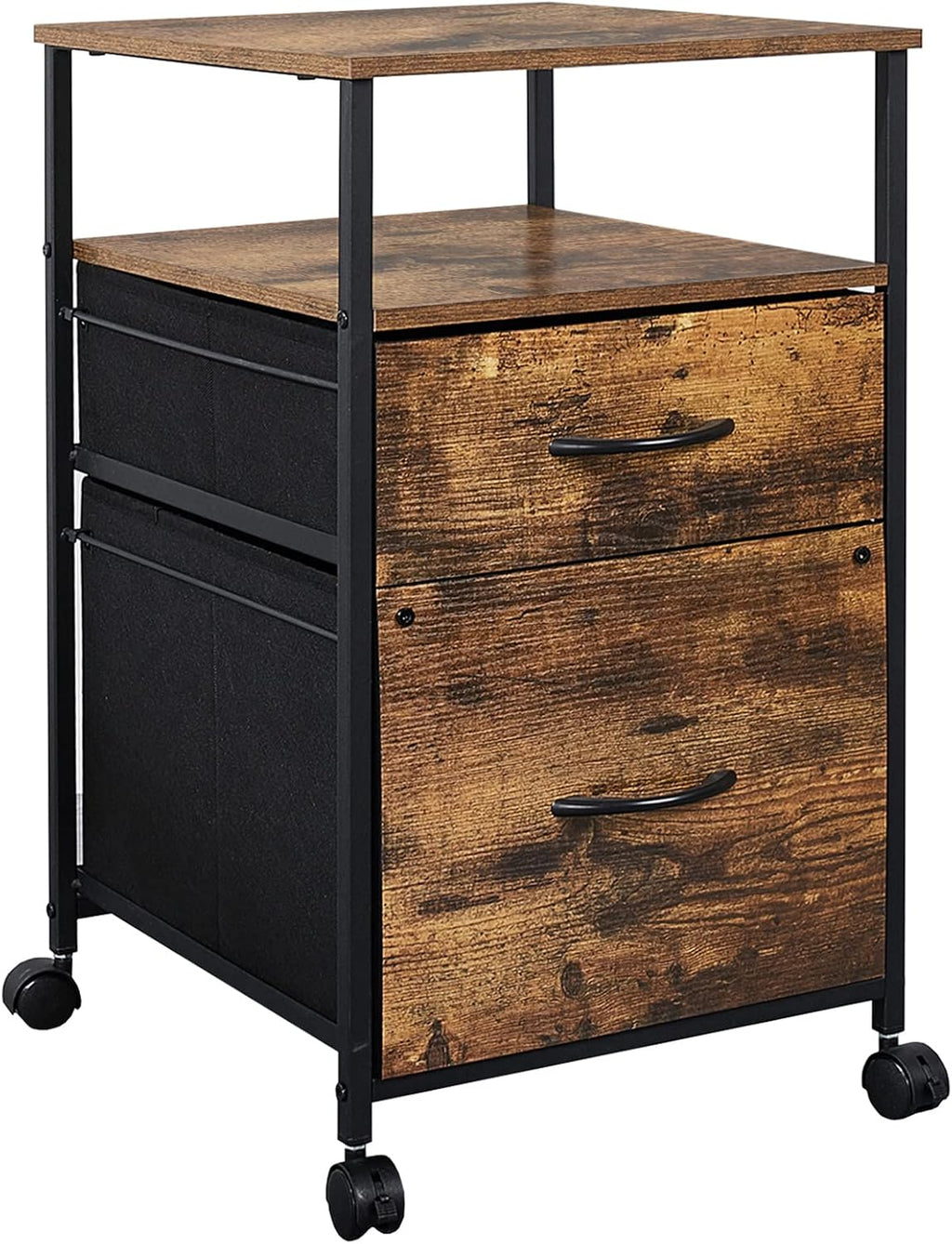 Rustic Brown Black 2 Drawer Rolling File Cabinet with Shelves M935838
