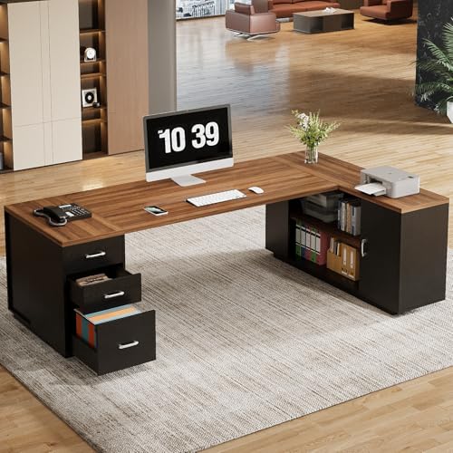 85.8-Inch L-Shaped Executive Desk with File Drawers, Door Cabinet & Shelves, White & Brown K153