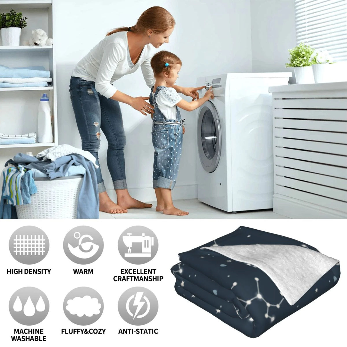 Blue Space Constellation Stars Pattern Plush Throw Blanket, 50" x 40" Z2136