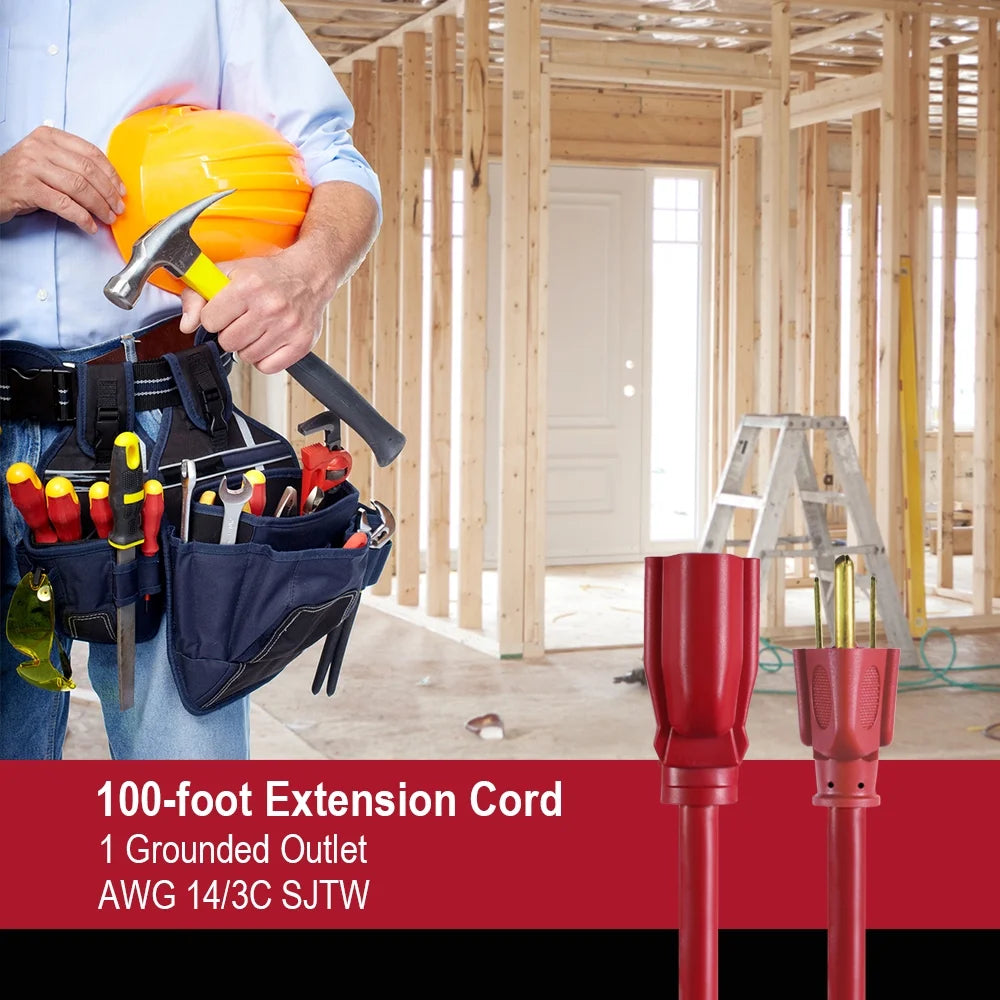 Red 100FT 14AWG 3 Prong Extension Cord H599