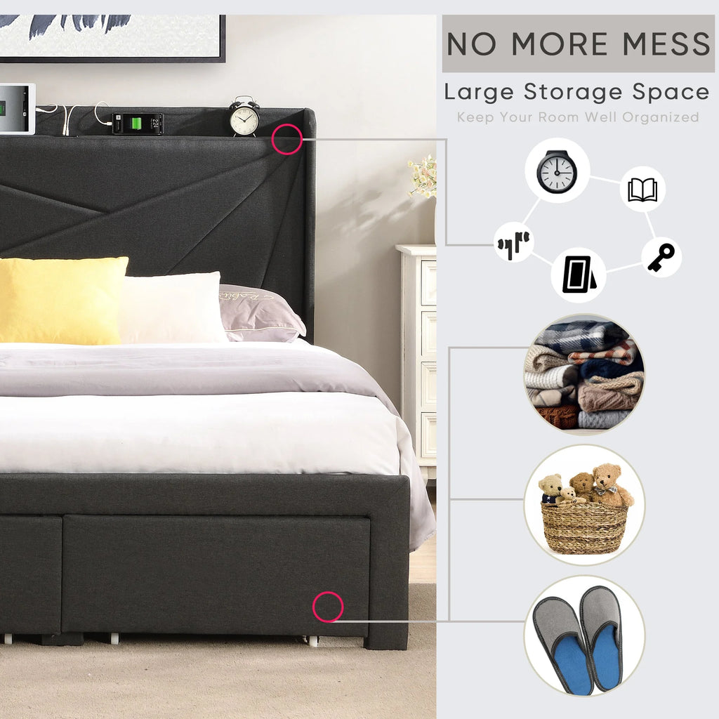 Queen Size Bed Frame with 2 Storage Drawers Dark Gray Q919