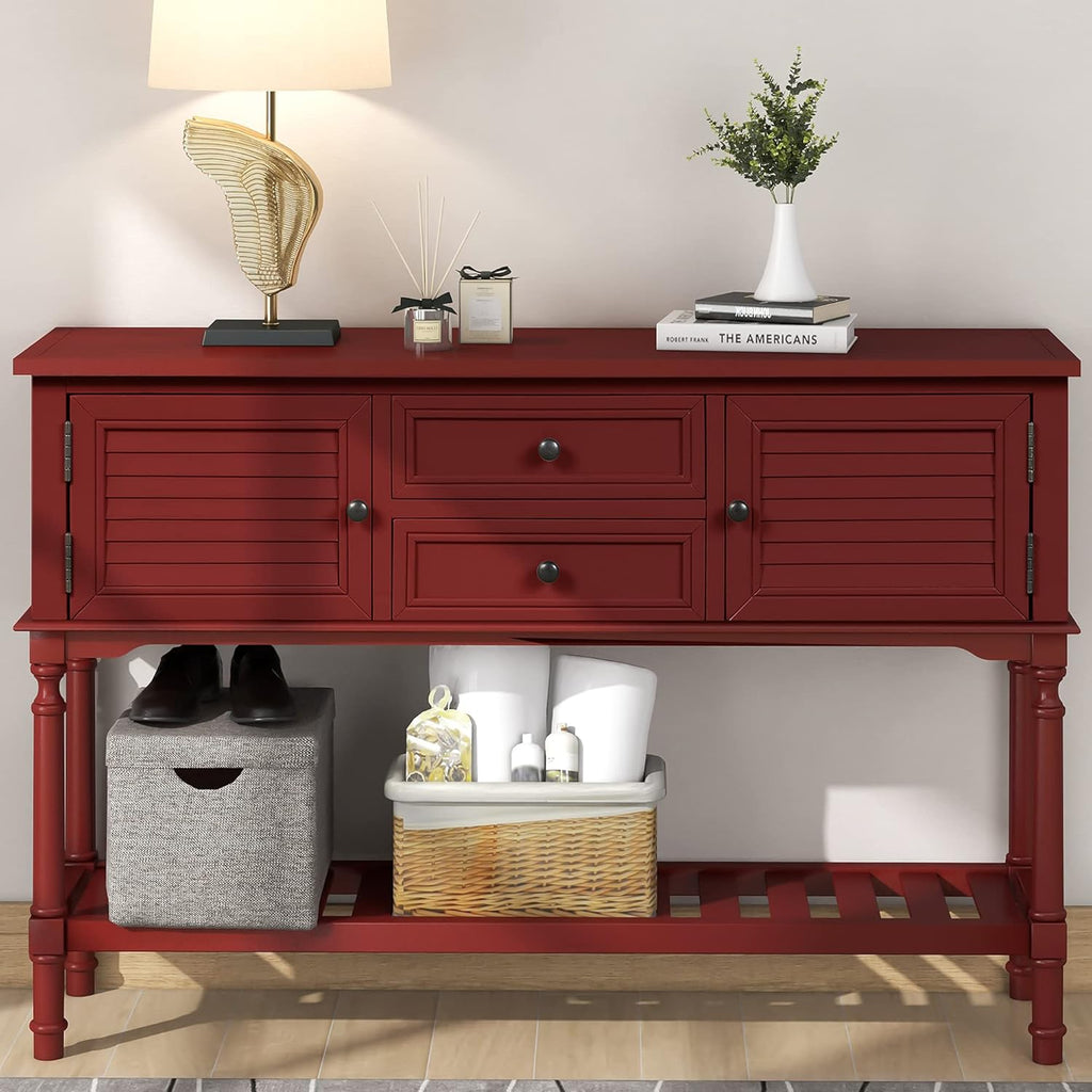 Solid Wood Console Table with 7 Drawers, 1 Cabinet and Shelf, Blue, 45.3x15x33.7 in F140