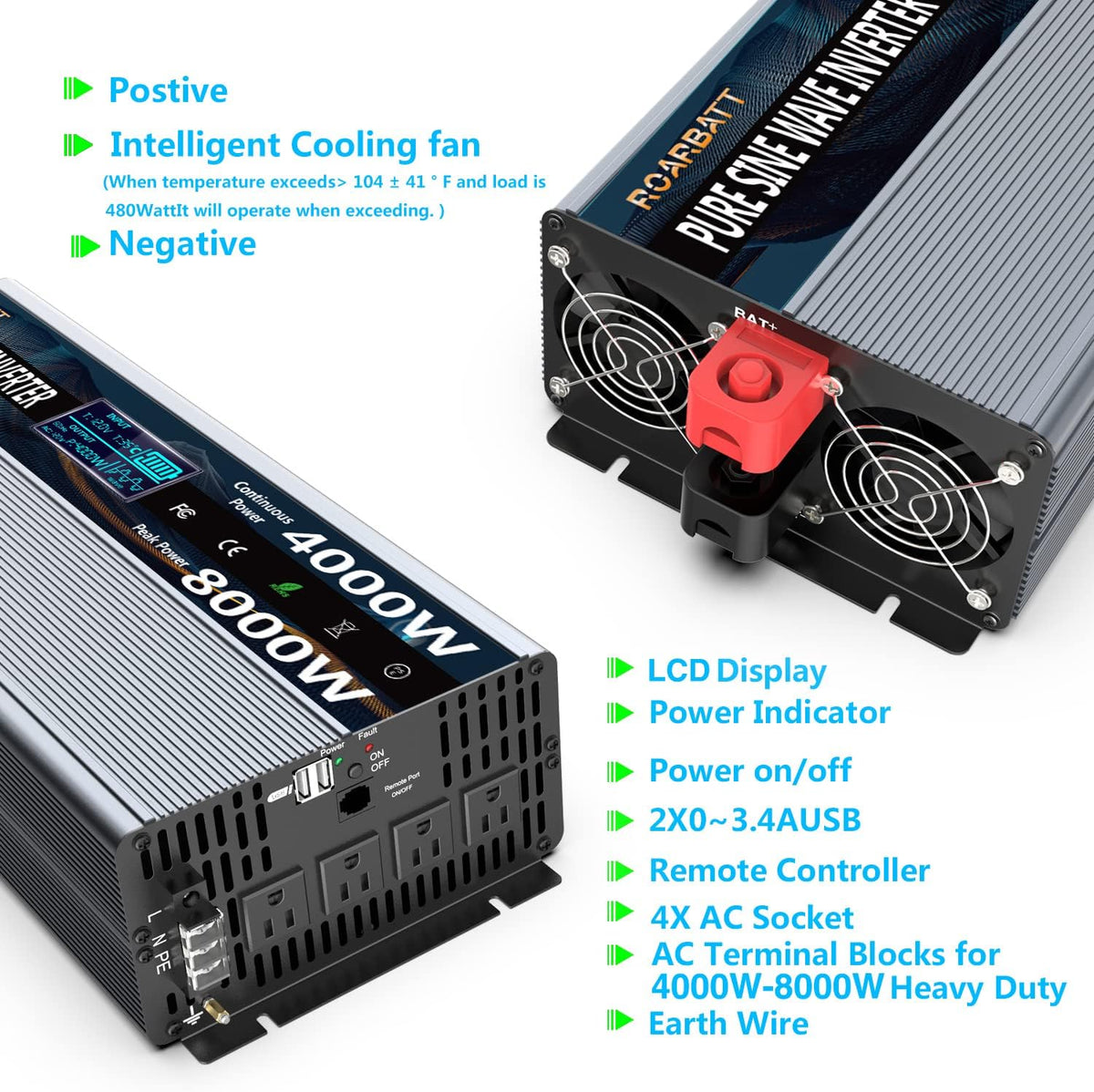 4000Watt 12V DC to AC 110V Power Inverter with Remote Control 4 AC Outlets Dual USB Port F351