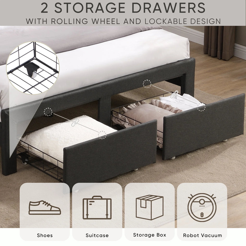 Queen Size Bed Frame with 2 Storage Drawers Dark Gray Q919