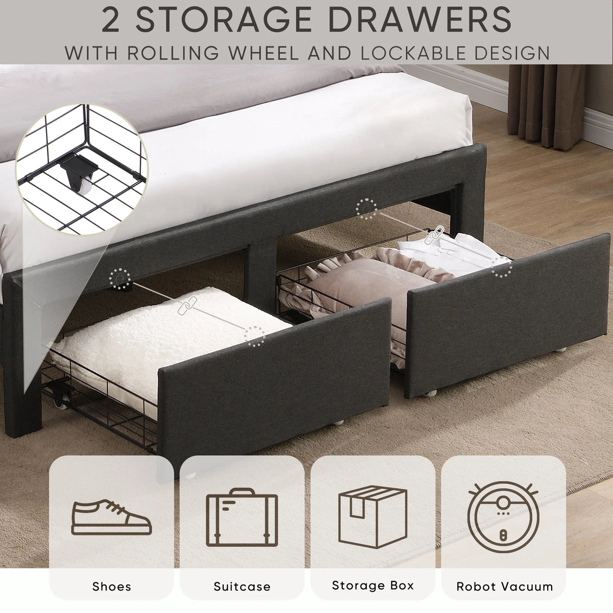 Queen Size Bed Frame with 2 Storage Drawers Dark Gray Q919