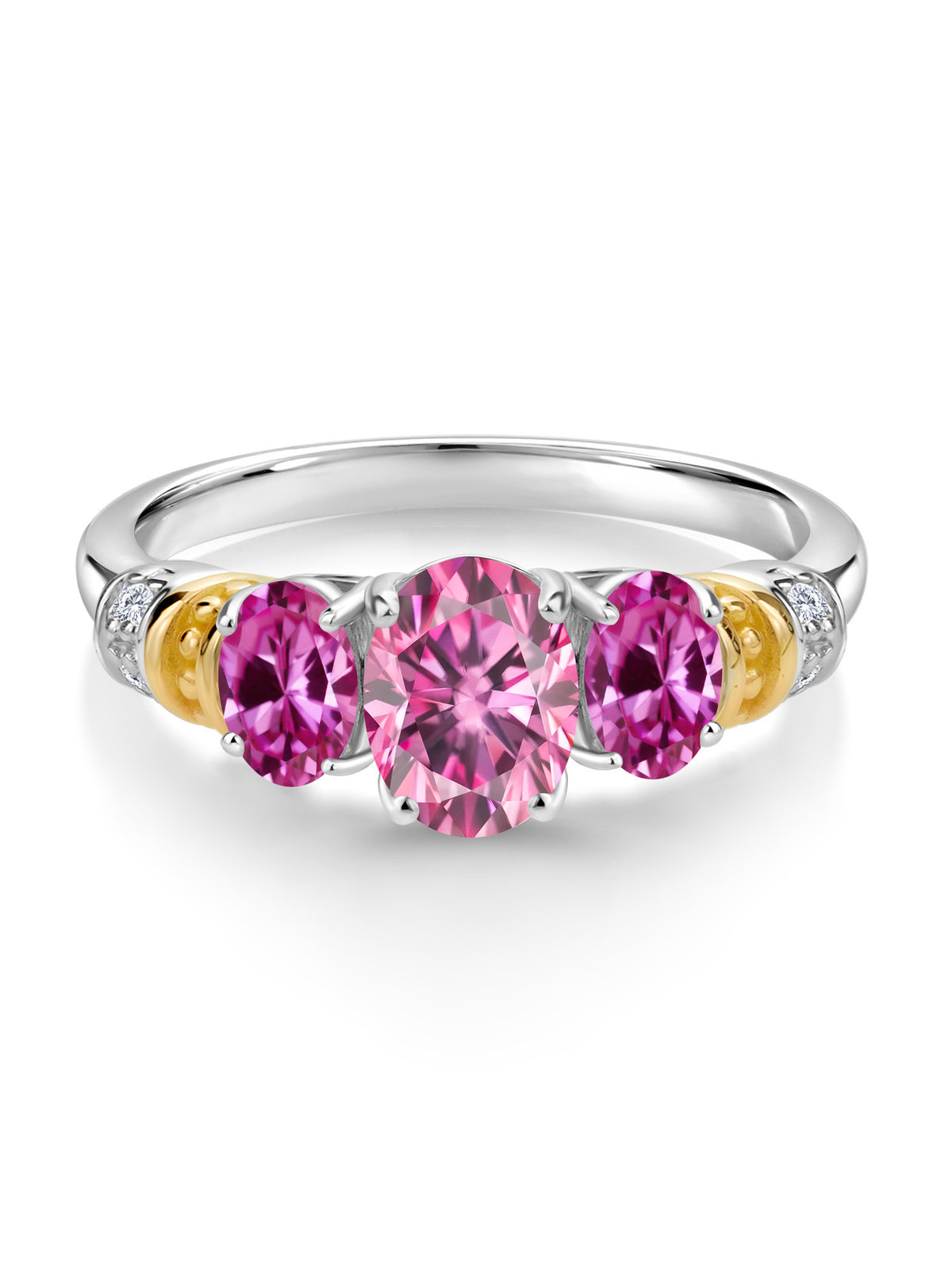 Oval Pink Moissanite and Created Sapphire 3 Stone Ring with White Diamond, 2.41 Cttw P8675
