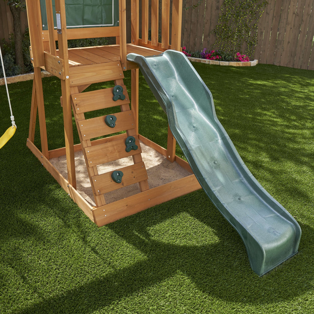 Wooden Outdoor Swing Set with Slide and Rock Wall O79845