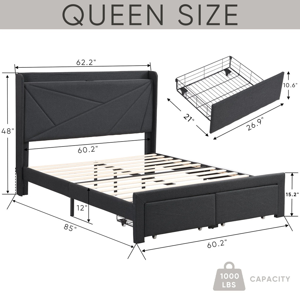 Queen Size Bed Frame with 2 Storage Drawers Dark Gray Q919