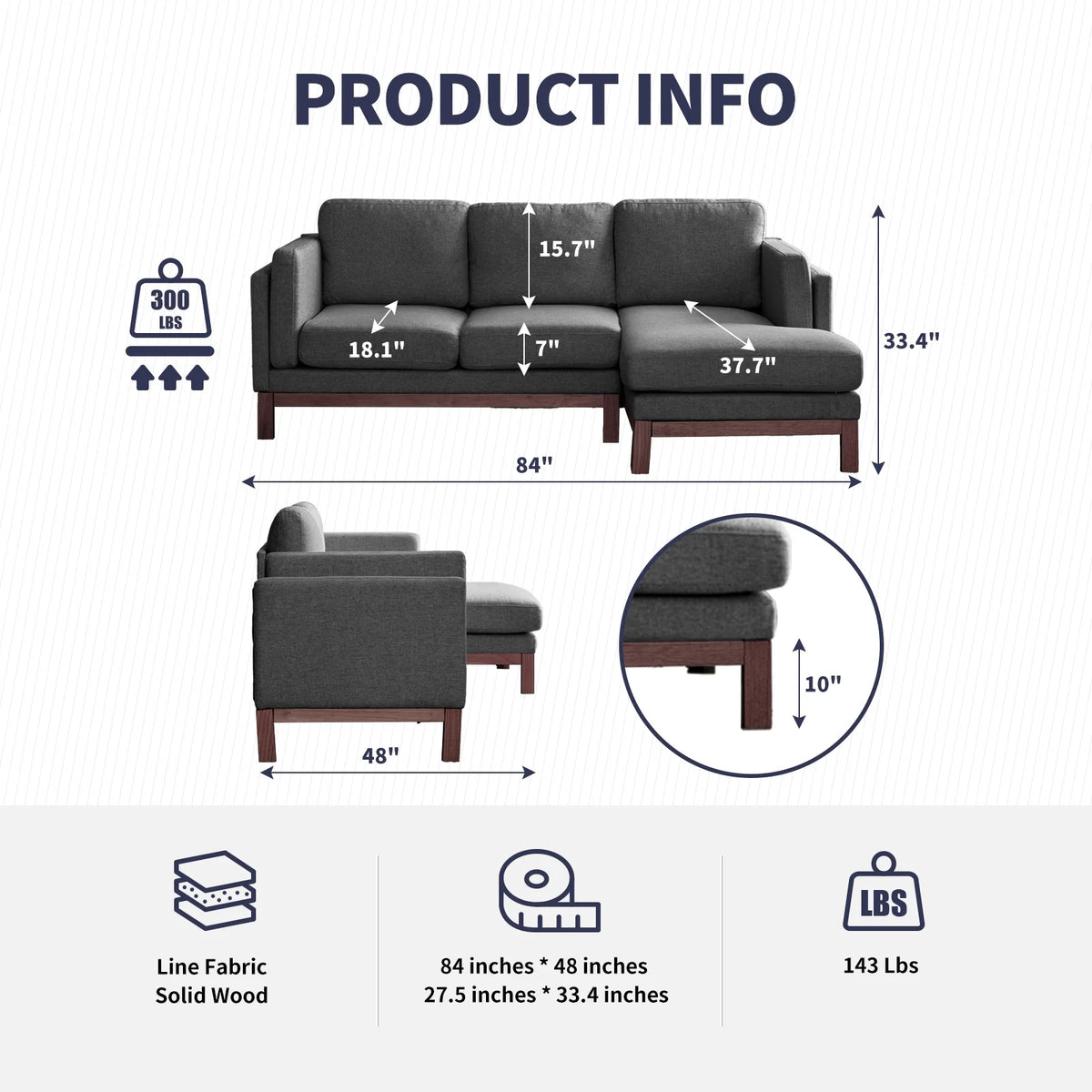 Dark Grey L-Shaped Sectional Sofa with Chaise Lounge B796