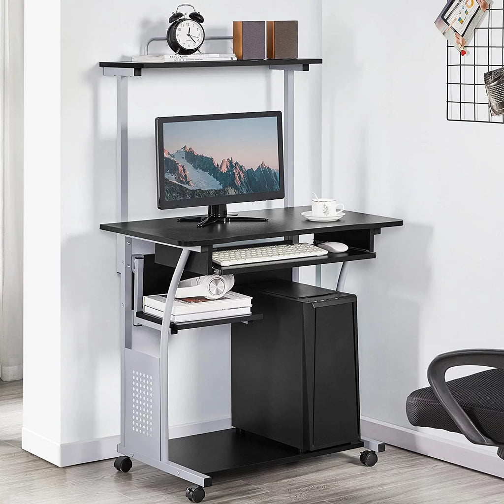 Black 2 Tier Rolling Computer Desk with Keyboard Tray C73135