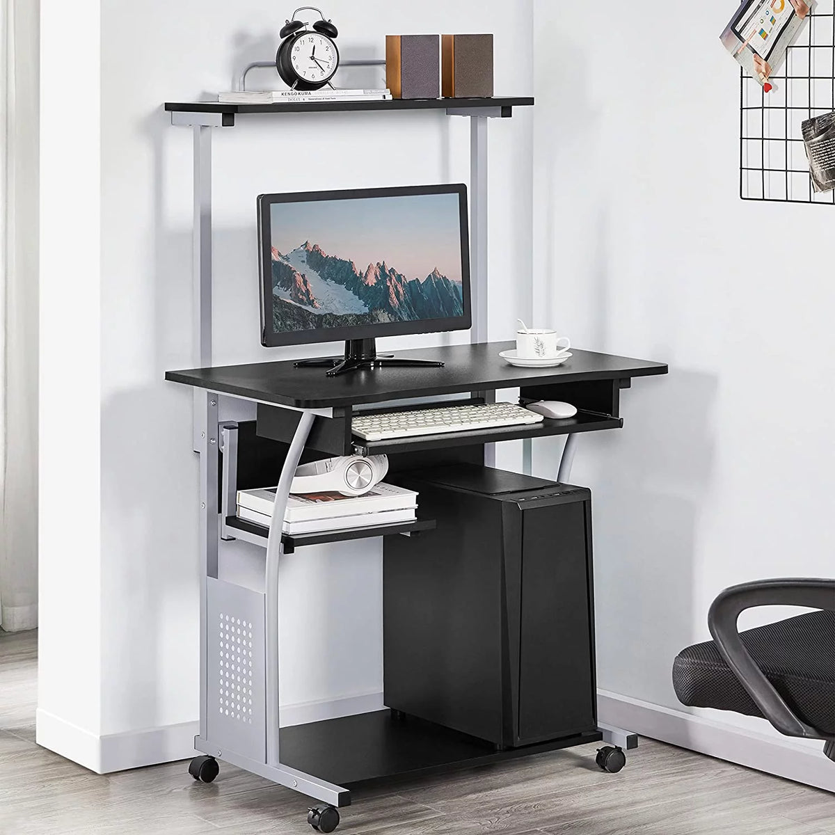 Black 2 Tier Rolling Computer Desk with Keyboard Tray C73135