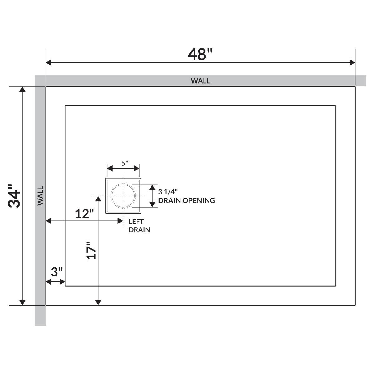 48x22 Shower Base Pan Left Double Threshold Right Drain R774