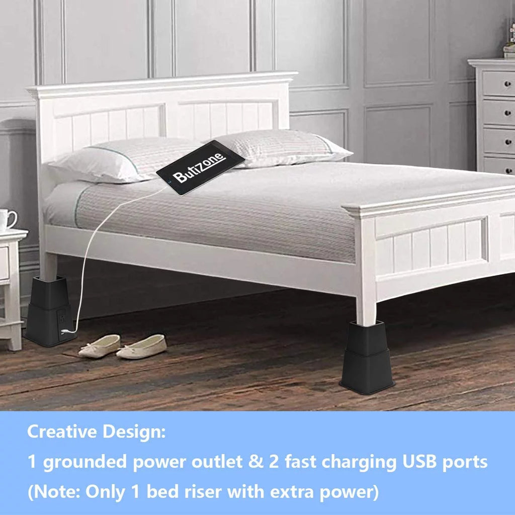 Black Set of 4 Adjustable Bed Riser with Power Outlet and USB Ports T945