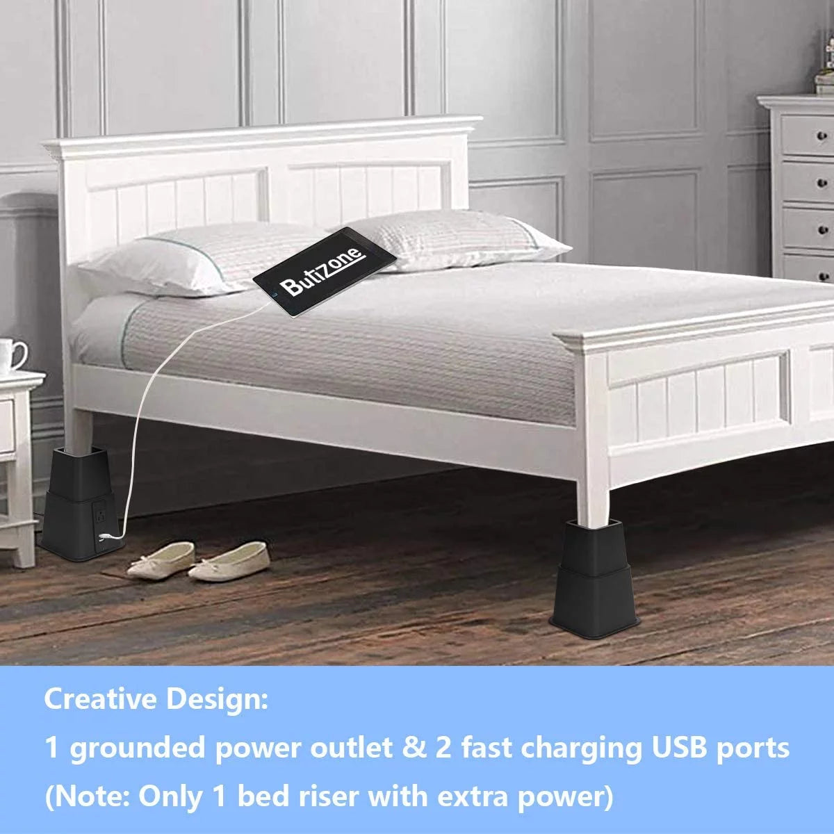 Black Set of 4 Adjustable Bed Riser with Power Outlet and USB Ports T945