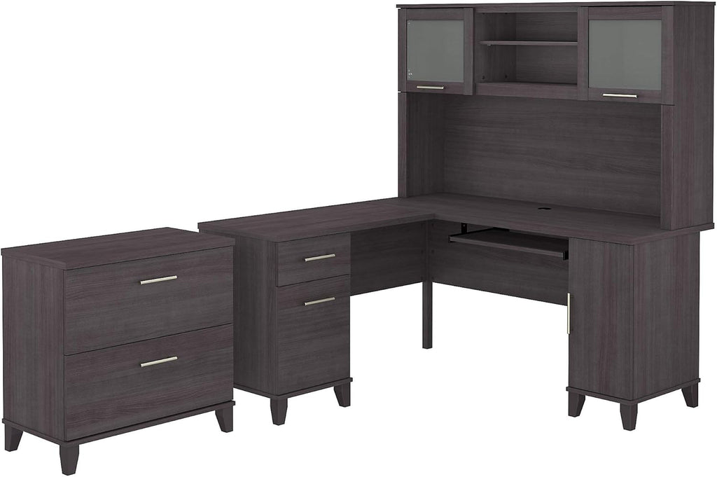 60W L Shaped Desk with Hutch and Lateral File Cabinet G447