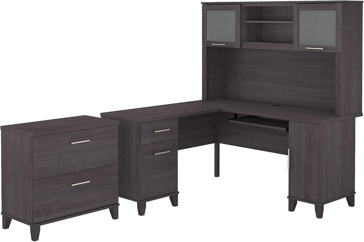 60W L Shaped Desk with Hutch and Lateral File Cabinet G447