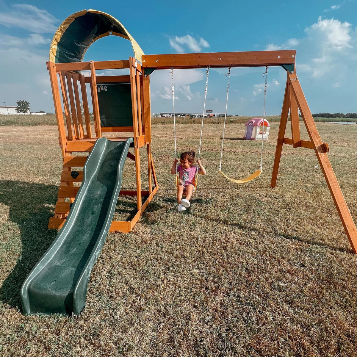 Wooden Outdoor Swing Set with Slide and Rock Wall O79845