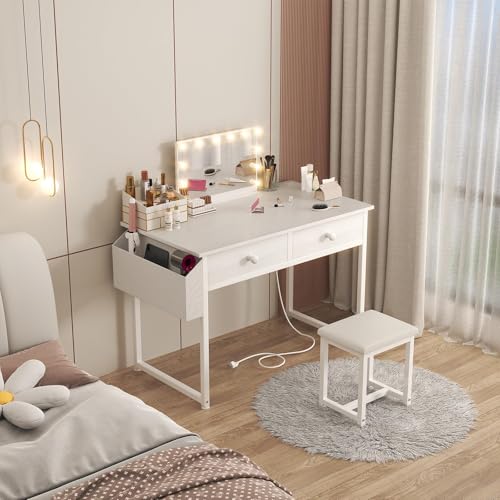 White Makeup Vanity Desk with Chair and Fabric Drawers G2175