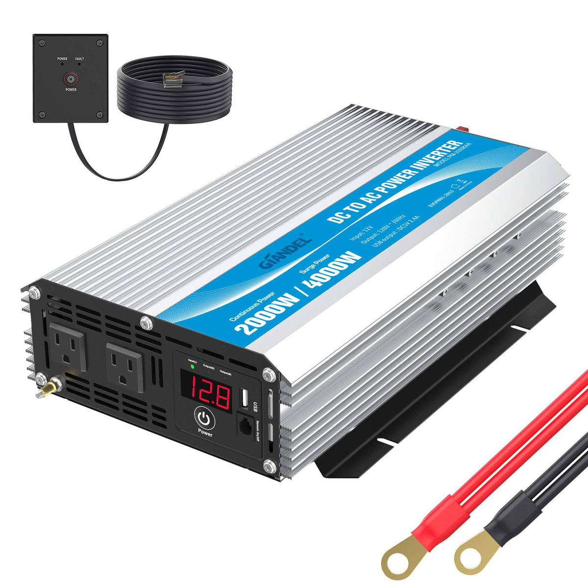 2000W Power Inverter 12V DC to 110V 120V AC with Remote Control and LED Display Dual AC Outlets & USB Port N233765