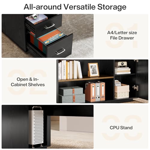 85.8-Inch L-Shaped Executive Desk with File Drawers, Door Cabinet & Shelves, White & Brown K153