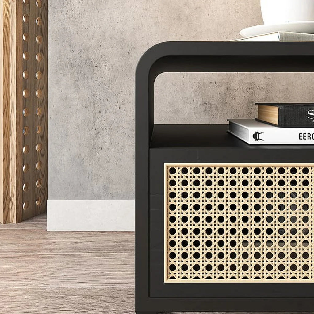 Black Rattan Woven Nightstand with 1 Drawer Q846609