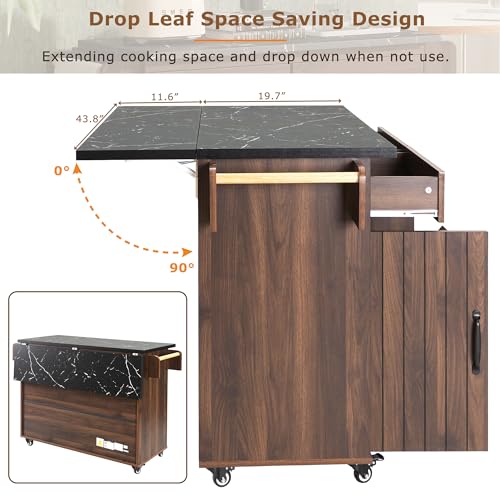 Walnut Brown Rolling Kitchen Island with Drop Leaf T401081