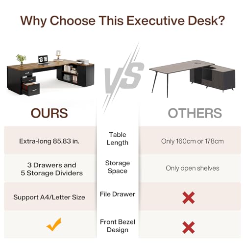 85.8-Inch L-Shaped Executive Desk with File Drawers, Door Cabinet & Shelves, White & Brown K153