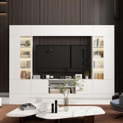 White Entertainment Center with Bookshelves and Doors 81.1"W x 11.8"D x 70.9"H P70708