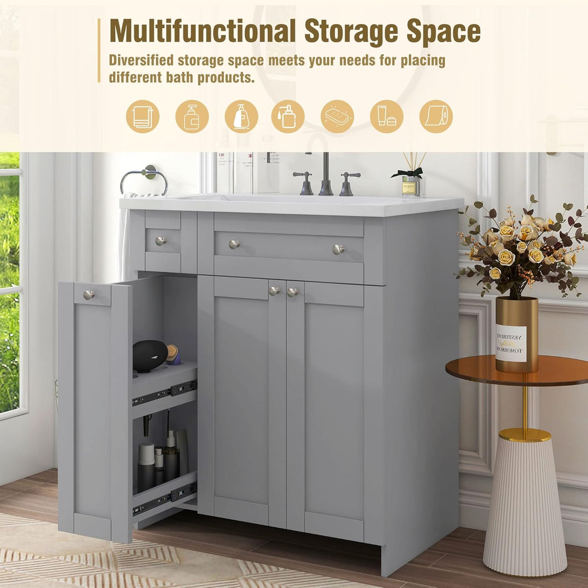 30" Grey Bathroom Vanity with Single Sink M907